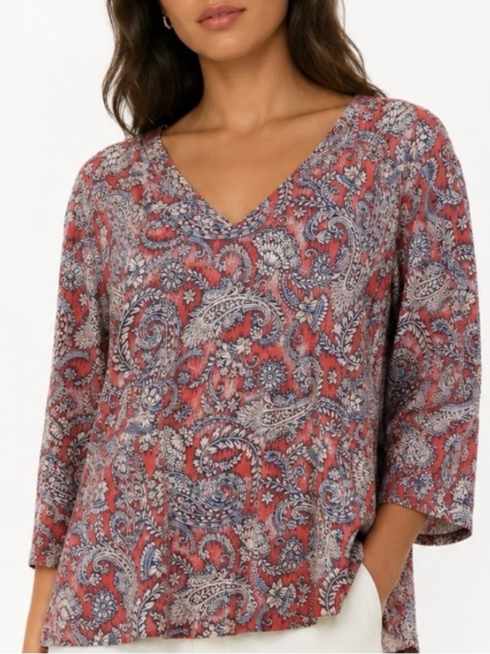 J. JILL V-Neck Cotton Paisley Print Women's Top in Rust Size XL